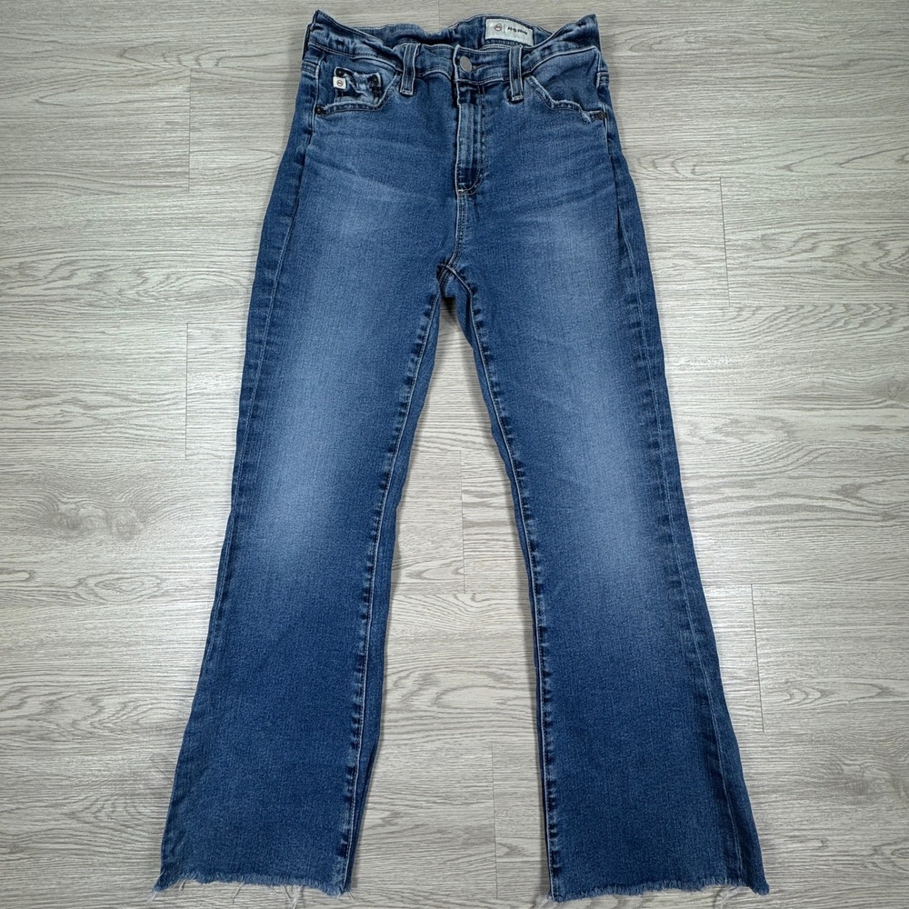 AG Adriano Goldschmied Women's Flare Jeans Medium Wash Blue Size 28 Raw Hem